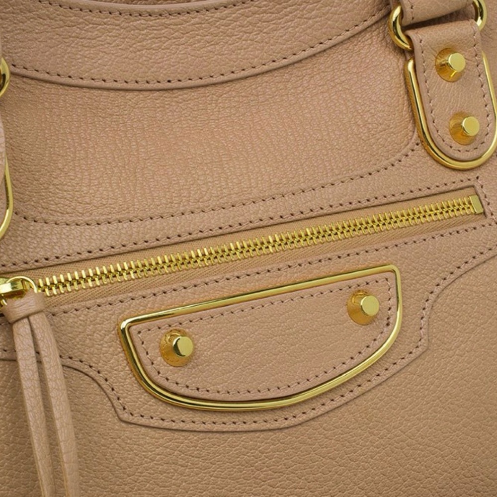 Auth Balenciaga City Bag medium Metallic edge Beige Chèvre Gold strap Mirror - Picture 2 of 12